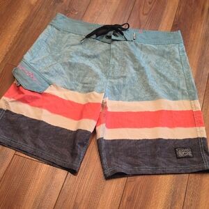 Maui and Sons Teal, Coral & Navy Striped Board Shorts